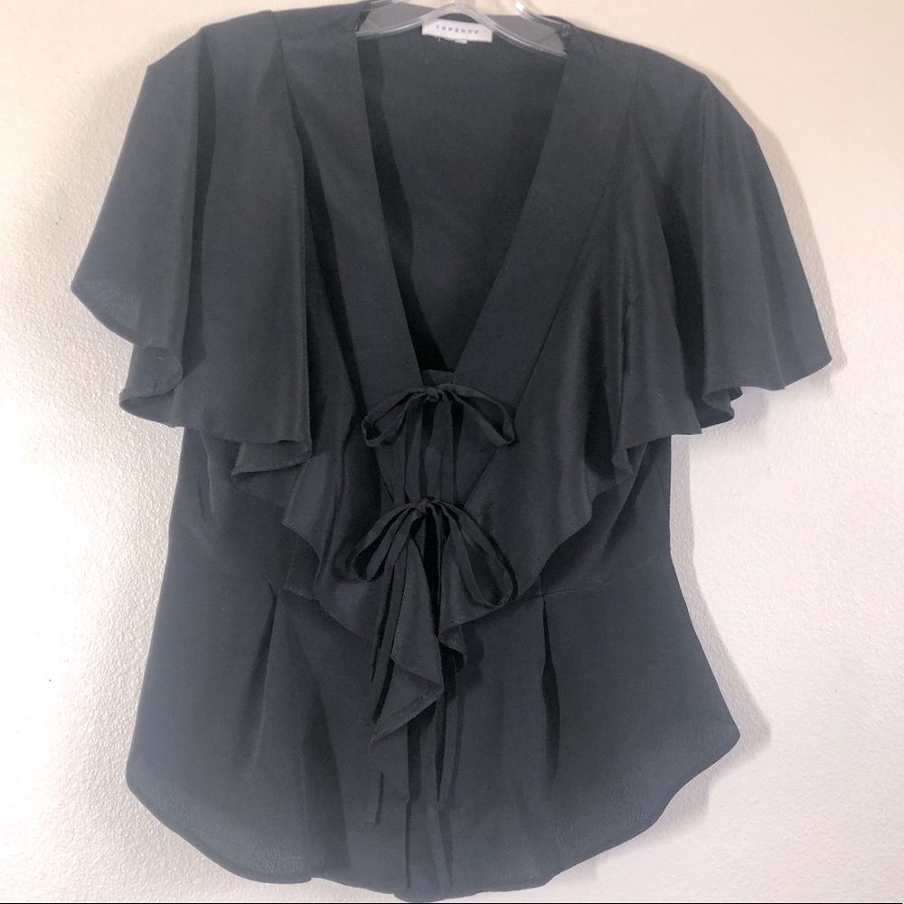 Top Shop Black Ruffle Top Fluted Short Sleeve Tie with Button Closure Fitted 4